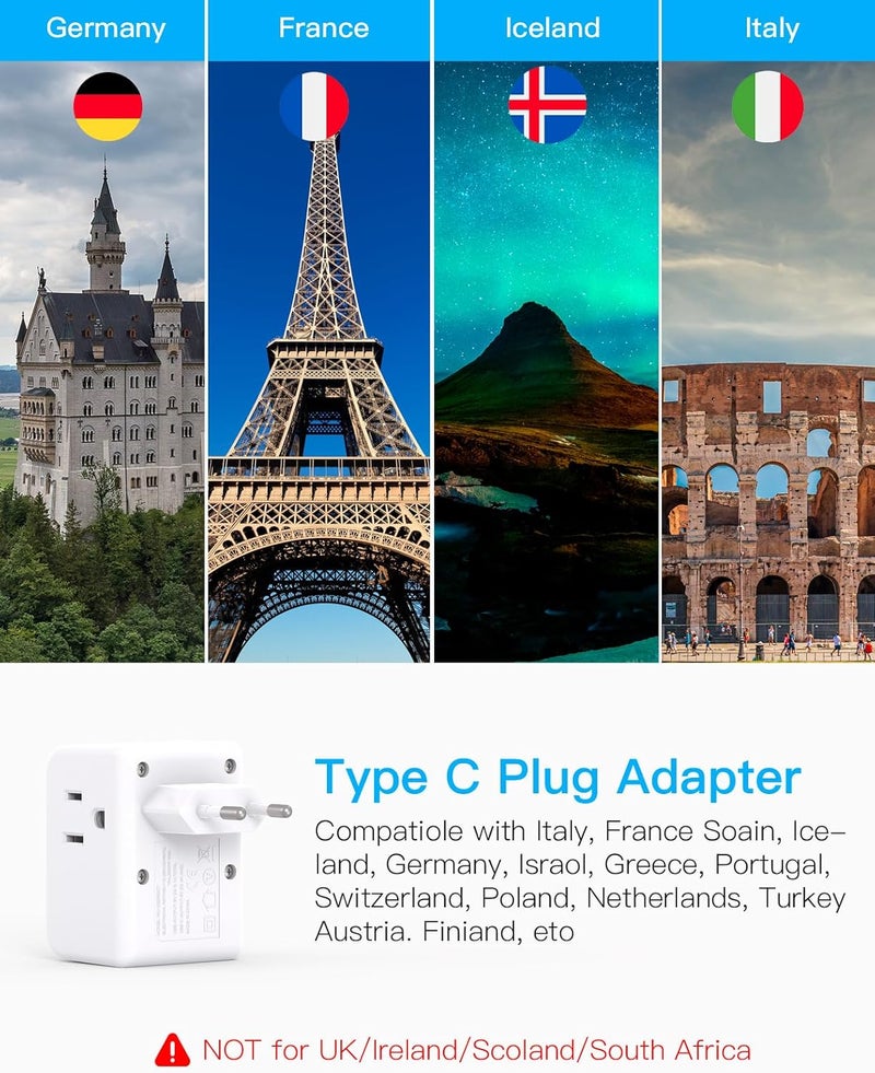 One Beat 3 Pack European Travel Plug Adapter, International Power Plug Adapter with 3 Outlets 3 USB Ports(2 USB C), Type C Adapter Travel Essentials for US to Most Europe EU Italy France Germany Spain - Image 2